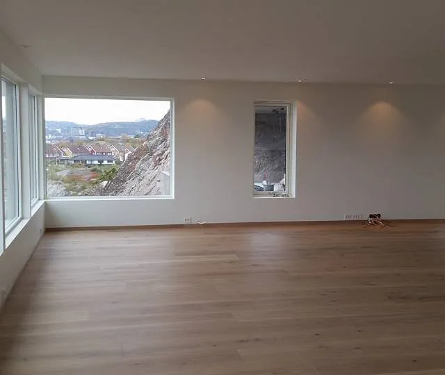 Renovert stue med hvite vegger og tak